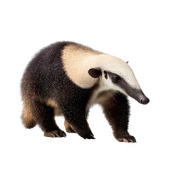 A curious giant anteater walks with its distinctive snout and bushy tail, isolated on a white background.