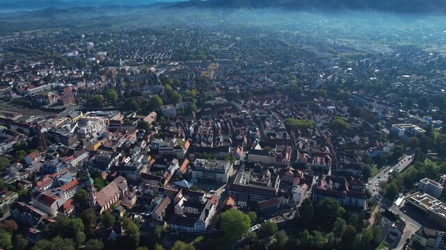 Aerial view around the old town of the city Offenburg, Germany on a sunny spring day