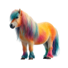 A vibrant, fluffy pony adorned with a rainbow mane and tail, radiating playful fantasy.