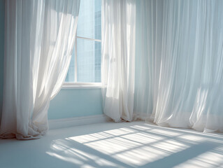 Soft sunlight fills a serene room with polished wooden floor, open light blue curtains, and no discernible objects Color palette is soft, muted, with contrast from the curtains Possib - AI-Generated