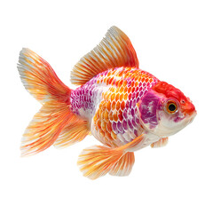 A vibrant, ornate goldfish with striking orange and purple scales glides gracefully through clear water.