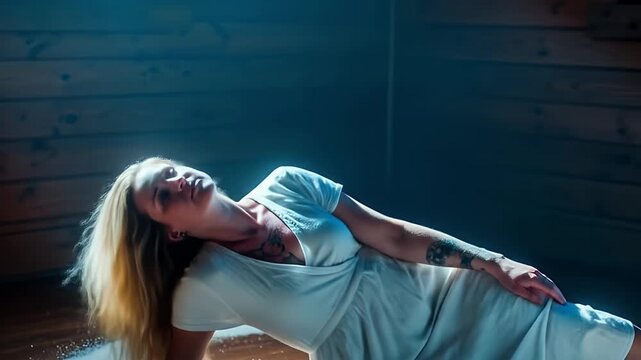 Ethereal Low Angle Shot of a Blonde Woman in White Dress with Tattoos Lying on a Wooden Floor Bathed in Eerie Blue Lighting Creating a Surreal and Haunting Atmosphere Optimized for Adobe Stock