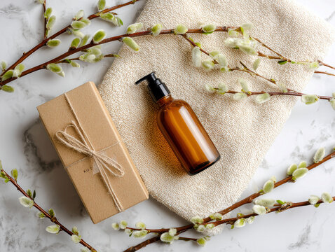 Arranged gift setting on white marble, featuring an unopened brown box and a clear glass bottle of amber liquid Natural leafy frame Clean aesthetic, shallow depth of field, soft light - AI-Generated