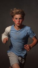 Young boy with arm cast in motion captured mid-stride in blue shirt with intense focus