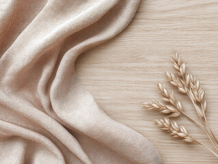 Close-up of beigecream textile, possibly silk or velvet, with adjacent golden wheat sheaves Realistic artistic style, naturalistic lighting, and minimal wooden background Angled pers - AI-Generated