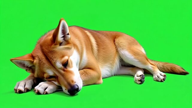 Relaxed dingo resting with closed eyes against a vibrant green screen, perfect for commercial projects, creating a peaceful atmosphere