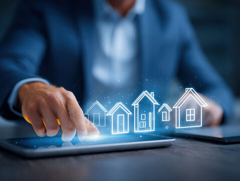 Persons hand pressing Start button on a tablet, interactive digital map of houses and buildings, light blue and green digital effects, modern style, real estate or property managemen - AI-Generated