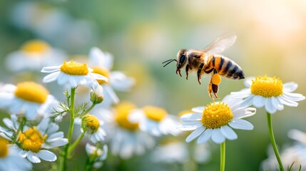 Obraz premium A honeybee hovers gracefully amidst a field of white daisies, collecting pollen in a sunny meadow.