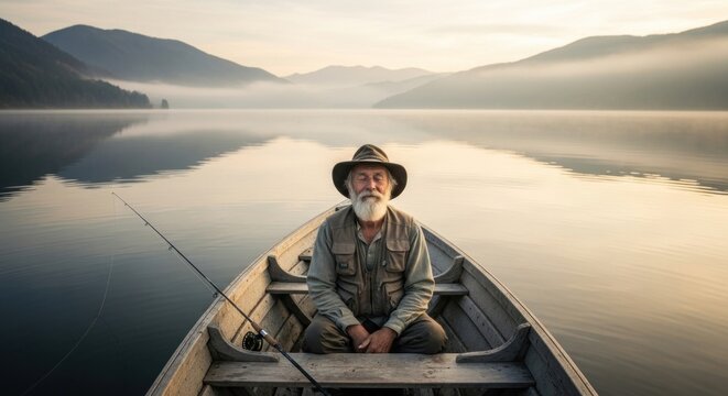 Serene fisherman contemplates life amidst the tranquil lake and misty mountains in a boat - Powered by Adobe