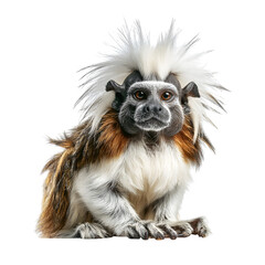 A curious Cotton-top Tamarin monkey with a distinctive white crest sits attentively.