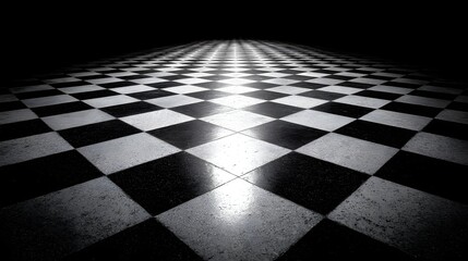 Naklejka premium A meticulously detailed view of a checkerboard floor, bathed in light, extending into a dark space.