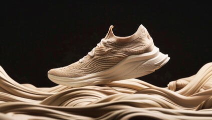 Beige Knit Sneaker, Studio Shot, Wave Background, Fashion Advertising