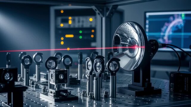 Laboratory vacuum alignment bench with precision laser terminal components including beam splitters and collimators optimized for satellite data reception.
