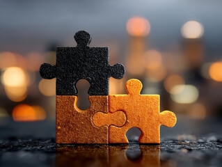 Close-up of three interlocking jigsaw puzzle pieces, one black with matte texture papercardboard, another orange with smooth finish, and the third black with textured surface Set ag - AI-Generated