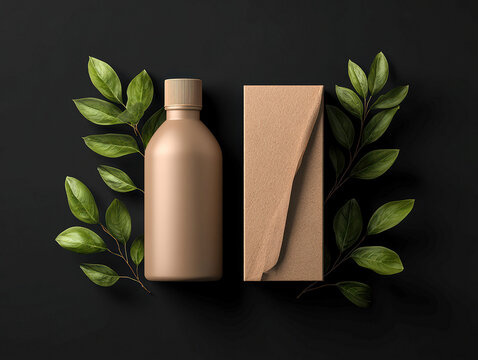 Minimalist image with dark background, three items bottles x2, cardboard, potential skincare products, green plants, soft lighting, organic texture, central composition, no movement o - AI-Generated