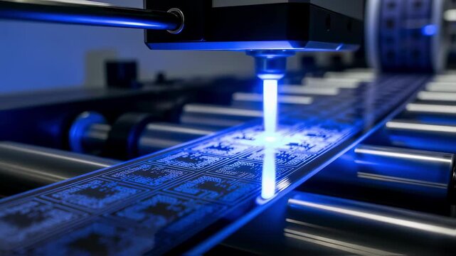 Precision UV light source illuminating flexible circuit surface to define microelectronic patterns in rolltoroll manufacturing.