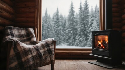 Cozy cabin retreat with fireplace and snowy forest view