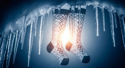 A pair of warm patterned socks hang from a frozen arch of sharp icicles, glowing with a bright light.