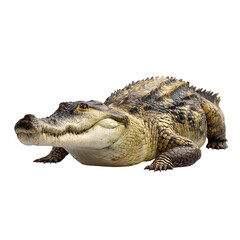 A powerful alligator rests, its scales detailed and its eyes alert against a clean white background.