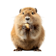 Adorable fluffy rodent with big eyes happily nibbles on a small treat.
