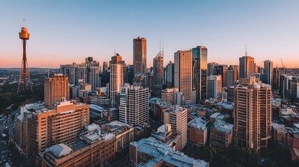 Obraz premium High-angle cityscape view of a modern city at sunset, showcasing numerous tall buildings and a prominent tower against a soft, pastel sky.