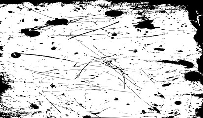 grungy abstract texture background with chaotic black ink splatters. scratches, and scattered stains on a white surface. The design feels raw, distressed, and messy.