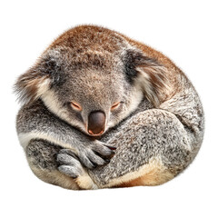 A peaceful koala slumbers curled up tightly, embodying tranquility and the gentle spirit of wildlife.