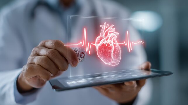 Focused medium shot of hands holding a smart stethoscope over a patients chest digital twin heart monitor visible on a tablet blurred in background emphasizing heart murmur