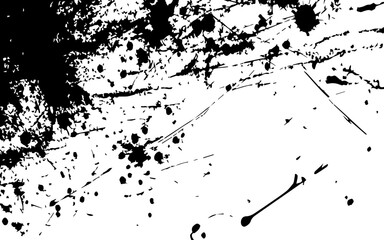 grungy abstract texture background with chaotic black ink splatters. scratches, and scattered stains on a white surface. The design feels raw, distressed, and messy.