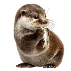 Adorable otter cub joyfully eats a small fish, showcasing its playful and curious nature.