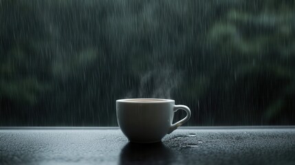 Steaming cup of coffee in rainy weather on a windowsill