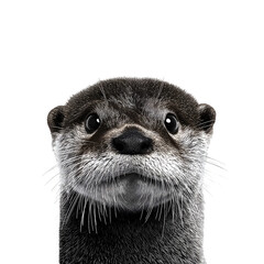 A curious otter's face, framed in a close-up portrait against a stark white background, with wide, expressive eyes.