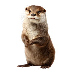A curious otter stands on its hind legs, looking directly at the camera with a friendly expression.