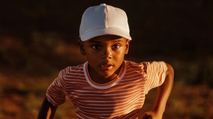 Young boy wearing a white cap runs enthusiastically in warm evening light