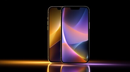 hyperrealistic phone screen on smooth surface with violet yellow backlight reflection