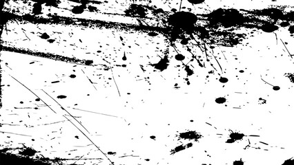 grungy abstract texture background with chaotic black ink splatters. scratches, and scattered stains on a white surface. The design feels raw, distressed, and messy.