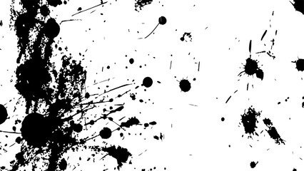 grungy abstract texture background with chaotic black ink splatters. scratches, and scattered stains on a white surface. The design feels raw, distressed, and messy.