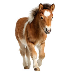 Adorable pony with a white blaze on its forehead trots forward with a curious expression.