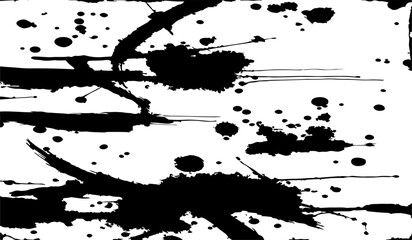 grungy abstract texture background with chaotic black ink splatters. scratches, and scattered stains on a white surface. The design feels raw, distressed, and messy.