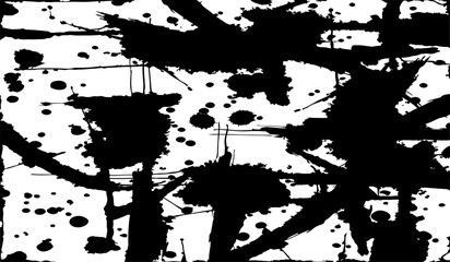 grungy abstract texture background with chaotic black ink splatters. scratches, and scattered stains on a white surface. The design feels raw, distressed, and messy.