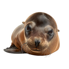 Adorable baby sea lion with big curious eyes looks directly at the camera.