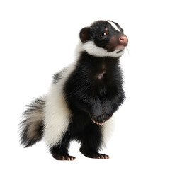 A curious young skunk stands alert with its distinctive black and white markings against a clean white background.