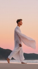 Serene contemplation: man in flowing white garment walking along tranquil beach at sunset