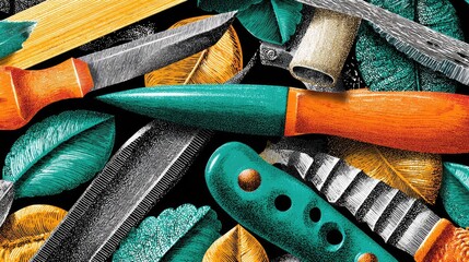Assorted tools and leaves in a detailed illustration.