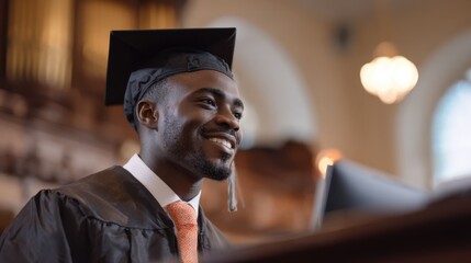 Fototapeta premium Medium shot of a proud graduate in semiformal attire showing a computer screen with an awarded microcredential rest of the room gently blurred to emphasize accomplishment.
