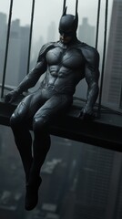 Vigilante hero in dark costume overlooking city from high suspension bridge