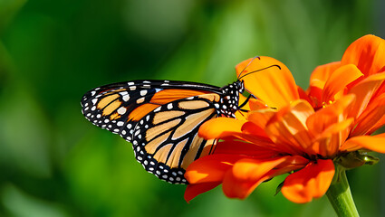 Fototapeta premium A vibrant monarch butterfly with intricate black and orange patterns rests delicately on the bright orange petals of a blooming flower, its wings slightly open