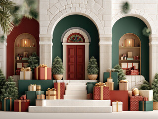 Festive outdoor Christmas scene with a grand building, arched doorways, garlands, wreaths, wrapped gifts, lush greenery, warm tones, twilight lighting, no visible people or text - AI-Generated