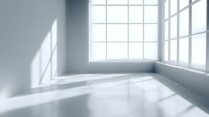 Fototapeta premium A minimalist interior corner room, bathed in soft light, showcases dramatic shadows cast by a large corner window.