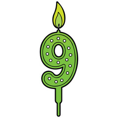 Joyful number nine birthday candle with fire vector celebration element